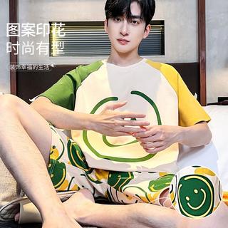 【100%纯棉】夏季睡衣男士笑脸印花短袖套头家居服套装可外穿
