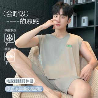 【清爽感冰丝透气】薄款夏季V领清爽舒适背心短裤可外穿男士睡衣