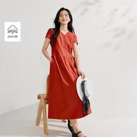 红色设计感V领连衣裙2025夏季女装纯棉连肩袖收腰长裙