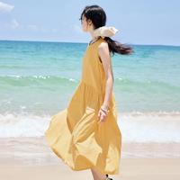 纯棉松弛感无袖背心连衣裙2025夏季气质度假风叠褶A字长裙子