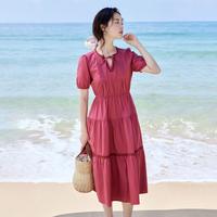 纯棉法式茶歇连衣裙2025夏季气质花边V领高级感A字蛋糕裙子