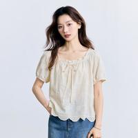 纯棉法式木耳方领提花衬衫女2025夏季气质甜美泡泡袖短袖衬衣