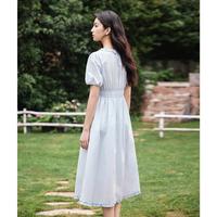 高棉舒适透气花边圆领连衣裙女25年夏季收腰显瘦设计泡泡袖长裙