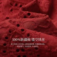 复古红镂空刺绣连衣裙女2025夏季系带领纯棉A字长裙子