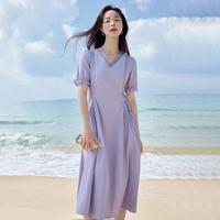 纯棉法式欧若风松弛感连衣裙2025夏季气质蕾丝V领高级感长裙