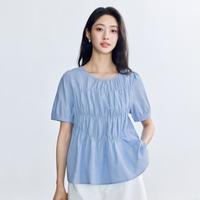纯棉欧若风松弛感短袖薄衬衫女2025夏季设计感拼接宽松娃娃衫