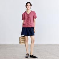 纯棉法式荷叶边V领衬衫女2025夏季气质复古舒适短袖衬衣