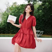 法式复古红色泡泡袖连衣裙女2025年夏季高级感气质A字短裙女