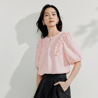 纯棉气质风琴褶花边白衬衣女2025夏季绣花时尚千金风短袖衬衫