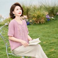 母亲节夏装纯棉大码小衫中老年女棉麻上衣服短袖t恤洋气套装