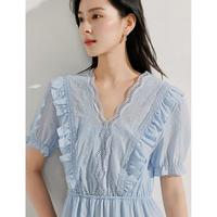 【莱赛尔】镂空蕾丝连衣裙女2025夏季木耳边泡泡袖长裙