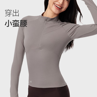 Keep 长袖T恤瑜伽运动休闲衣户外跑步修身半拉链抗寒训练服12636 烟灰粉 XL