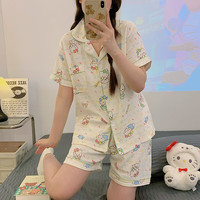 婧麒(JOYNCLEON)2025家居服三件套睡衣怀孕期产后宽松短袖睡衣套装 蓝猫咪 XL码