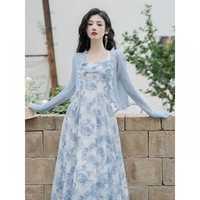 缀樱法式碎花浅蓝色方领吊带连衣裙超仙海边度假沙滩裙别致绝美两件套 淡蓝开衫  L 105-120斤