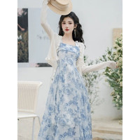 缀樱法式碎花浅蓝色方领吊带连衣裙超仙海边度假沙滩裙别致绝美两件套 蓝色裙子+米白开衫 【套装】 S 80-95斤