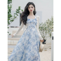 缀樱法式碎花浅蓝色方领吊带连衣裙超仙海边度假沙滩裙别致绝美两件套 蓝色裙子+米白开衫 【套装】 XL 120-135斤