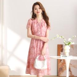 艾莱莹 女士气质V领系带收腰印花A字轻薄连衣裙