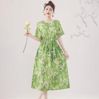 短袖连衣裙女夏褶皱系带收腰减龄碎花连衣裙女夏