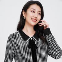 春夏千鸟格短款香风法式优雅蝴蝶结长袖针织上衣针织衫女