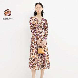 夏印花V领法式长袖优雅中长款连衣裙茶歇裙裙子女