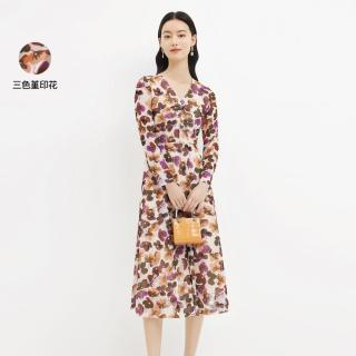 夏印花V领法式长袖优雅中长款连衣裙茶歇裙裙子女