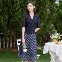 初秋季时尚风假两件冰丝短袖收腰别致设计感裙子连衣裙女