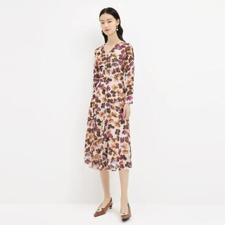 夏印花V领法式长袖优雅中长款连衣裙茶歇裙裙子女