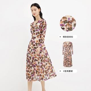 夏印花V领法式长袖优雅中长款连衣裙茶歇裙裙子女