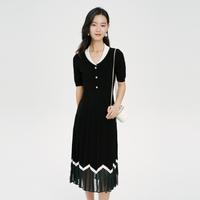 春秋季时尚休闲圆领百搭弹力收腰法式气质百褶裙连衣裙裙子女