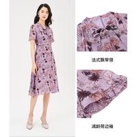 夏人气短袖时尚真丝印花系带设计感桑蚕丝优雅连衣裙裙子女