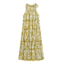 她池印花挂脖裙2025夏装新款女装时尚拼接大摆度假风连衣裙
