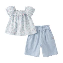 戴维贝拉 儿童套装2024夏装女童灯笼袖上衣七分裤两件套