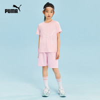 PUMA彪马儿童吸湿速干短袖短裤套装经典大logo潮流运动时尚2件套 粉绿40301