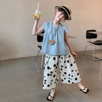 小排靓 女童套装洋气儿童夏季韩版上衣新款夏装无袖宝宝波点背心两件套