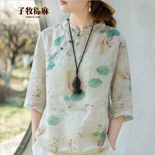 子牧棉麻2025夏装 女中式国风印花上衣短款宽松显瘦衬衫珠扣小衫9221 杏色 2XL (135-145斤)