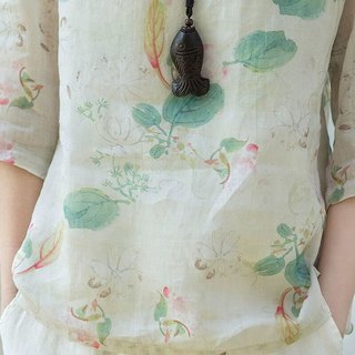 子牧棉麻2025夏装 女中式国风印花上衣短款宽松显瘦衬衫珠扣小衫9221 杏色 2XL (135-145斤)