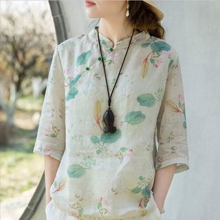 子牧棉麻2025夏装 女中式国风印花上衣短款宽松显瘦衬衫珠扣小衫9221 杏色 2XL (135-145斤)