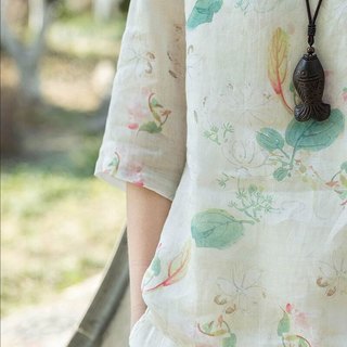子牧棉麻2025夏装 女中式国风印花上衣短款宽松显瘦衬衫珠扣小衫9221 杏色 2XL (135-145斤)