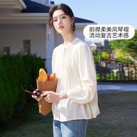 香影 X.YING【时尚春装】娃娃衫上衣女蕾丝拼接压褶开衫圆领衬衫女