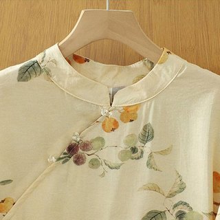 子牧棉麻2025夏装 女新中式上衣短款套头斜襟宽松小衫茶禅服9258