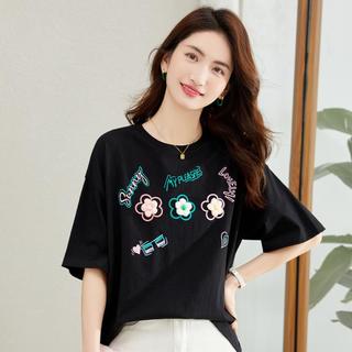女装【针织花朵装饰】夏季后背印花短袖女夏棉质大码女式t恤