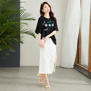 女装【针织花朵装饰】夏季后背印花短袖女夏棉质大码女式t恤