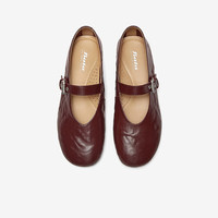 拔佳(Bata)羊皮书玛丽珍女2025春季复古抓纹软底通勤单鞋奶奶AUO01AQ5 酒红-圆头宽版 37