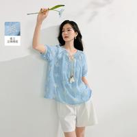 重工刺绣系带打揽衬衫2025夏季女装简约通勤宽松短袖衬衣