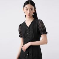 【蕾丝V领鱼尾包臀裙】夏款通透泡泡袖显瘦短袖连衣裙女