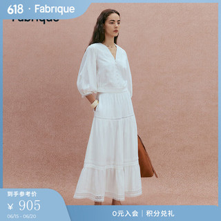 Fabrique刺绣纯棉蕾丝V领七分袖上衣2025夏季新品白色仙女裙