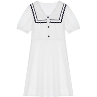 lagogo海军翻领泡泡袖连衣裙女拉谷谷学院风清新时尚A字裙子 本(V1) 155/36