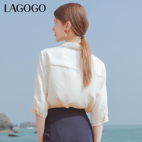 lagogo工装风五分袖V领白衬衫女拉谷谷春夏垂顺气质雪纺上衣 本白色(V1) S 155/36