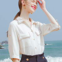lagogo工装风五分袖V领白衬衫女拉谷谷春夏垂顺气质雪纺上衣 本白色(V1) L 165/40