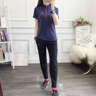 悍獸 户外速干衣裤套装t恤女立领弹力薄款登山徒步运动大码快干衣女 9008深蓝上衣+深蓝裤子 M